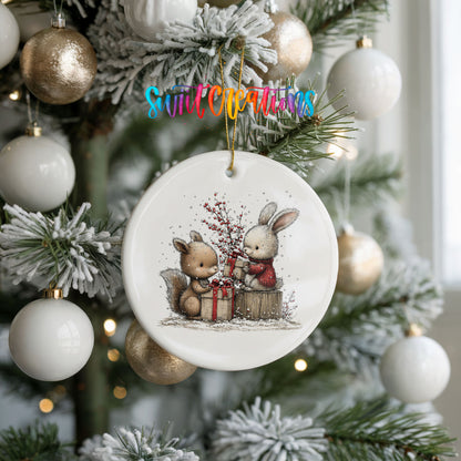 woodland squirrel and rabbit with Christmas gifts ceramic Christmas ornament hanging on a frosted tree with ornaments