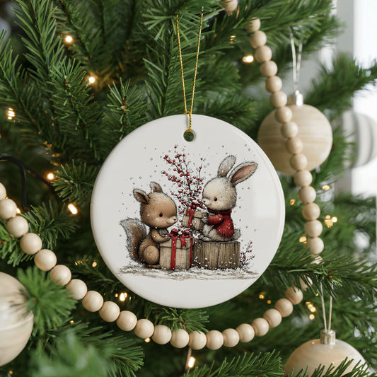 Woodland Squirrel And Rabbit ceramic Christmas ornament, front view