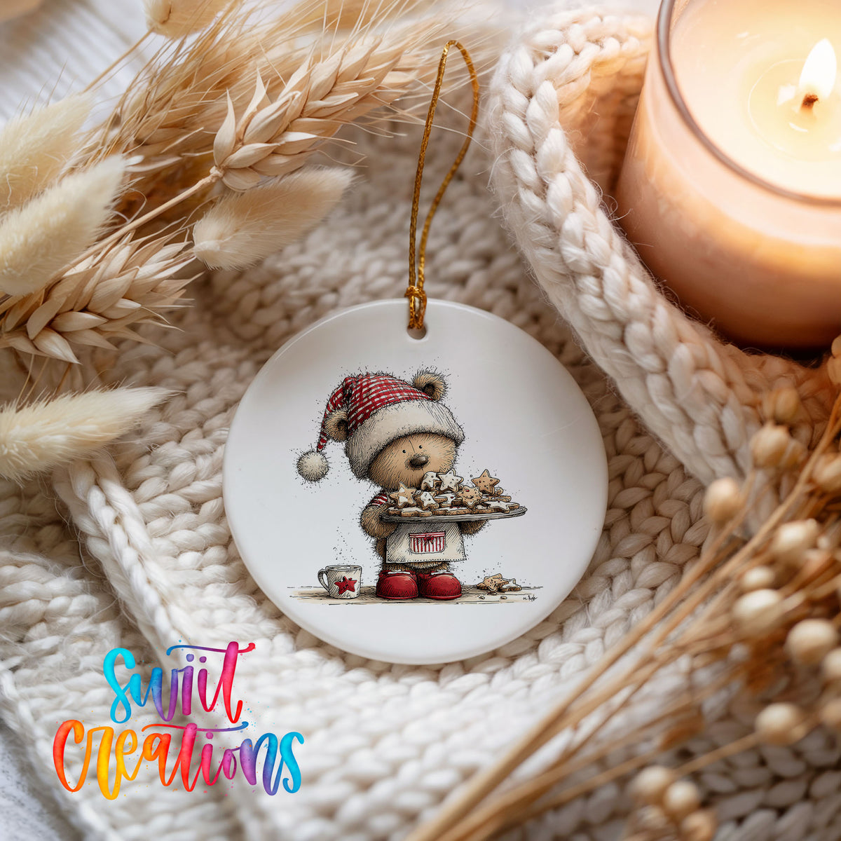 woodland bear in a Santa hat carrying Christmas cookies ceramic Christmas ornament styled on a cozy knit blanket