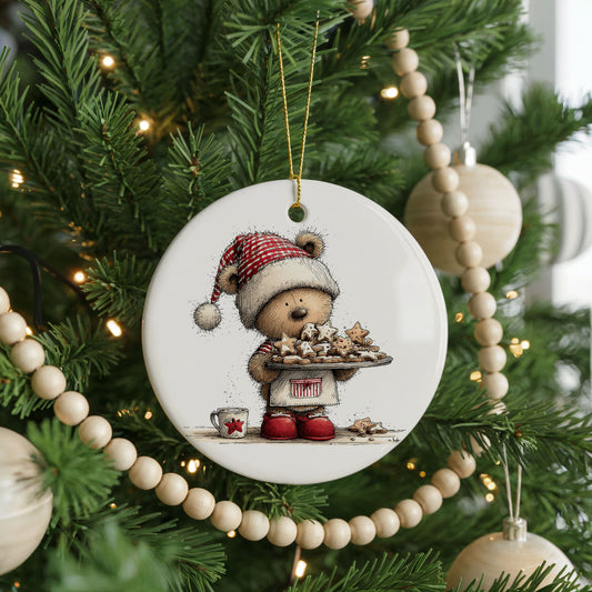 Woodland Bear With Christmas Cookies ceramic Christmas ornament, front view