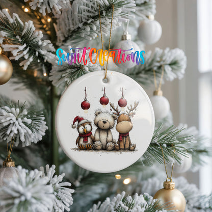 woodland bear fox and reindeer with red ornaments ceramic Christmas ornament hanging on a frosted Christmas tree