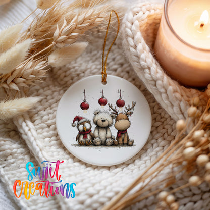 woodland bear fox and reindeer with red ornaments ceramic Christmas ornament styled on a cozy knit blanket
