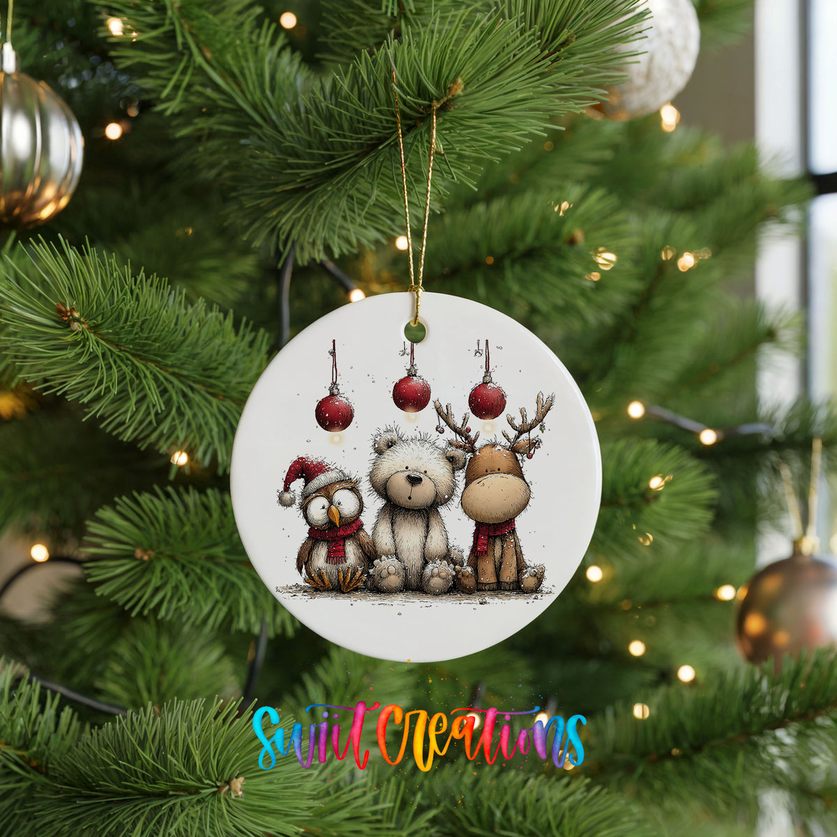 woodland bear fox and reindeer with red ornaments ceramic Christmas ornament hanging on a lit Christmas tree