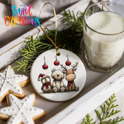 woodland bear fox and reindeer with red ornaments ceramic Christmas ornament styled with holiday cookies and a candle