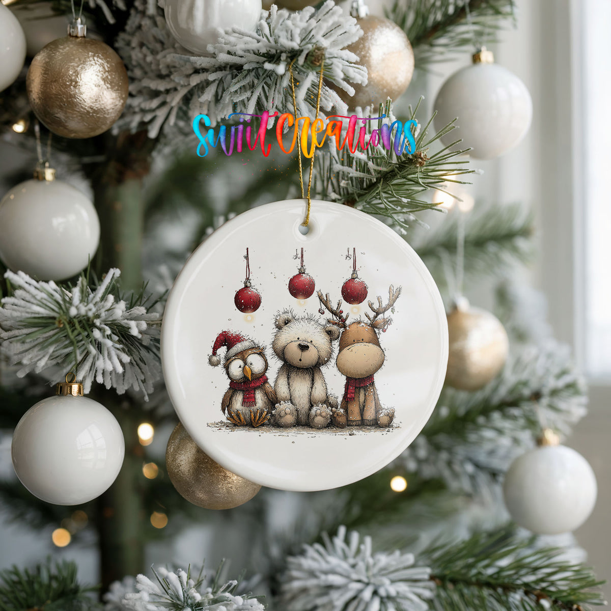 woodland bear fox and reindeer with red ornaments ceramic Christmas ornament hanging on a frosted tree with ornaments