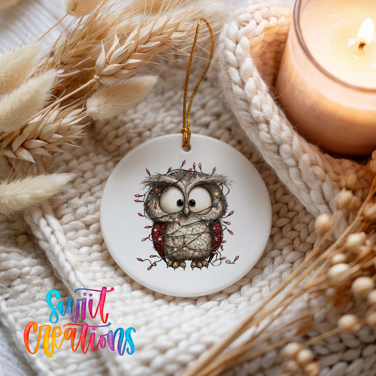 woodland owl wrapped in colorful Christmas lights ceramic Christmas ornament styled on a cozy knit blanket