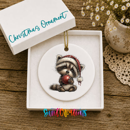 woodland raccoon in a Santa hat holding a red ornament ceramic Christmas ornament presented in a gift box
