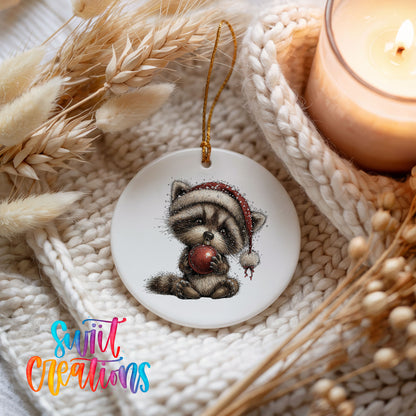 woodland raccoon in a Santa hat holding a red ornament ceramic Christmas ornament styled on a cozy knit blanket