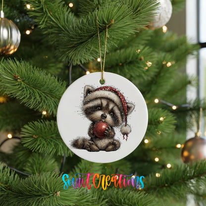 woodland raccoon in a Santa hat holding a red ornament ceramic Christmas ornament hanging on a lit Christmas tree