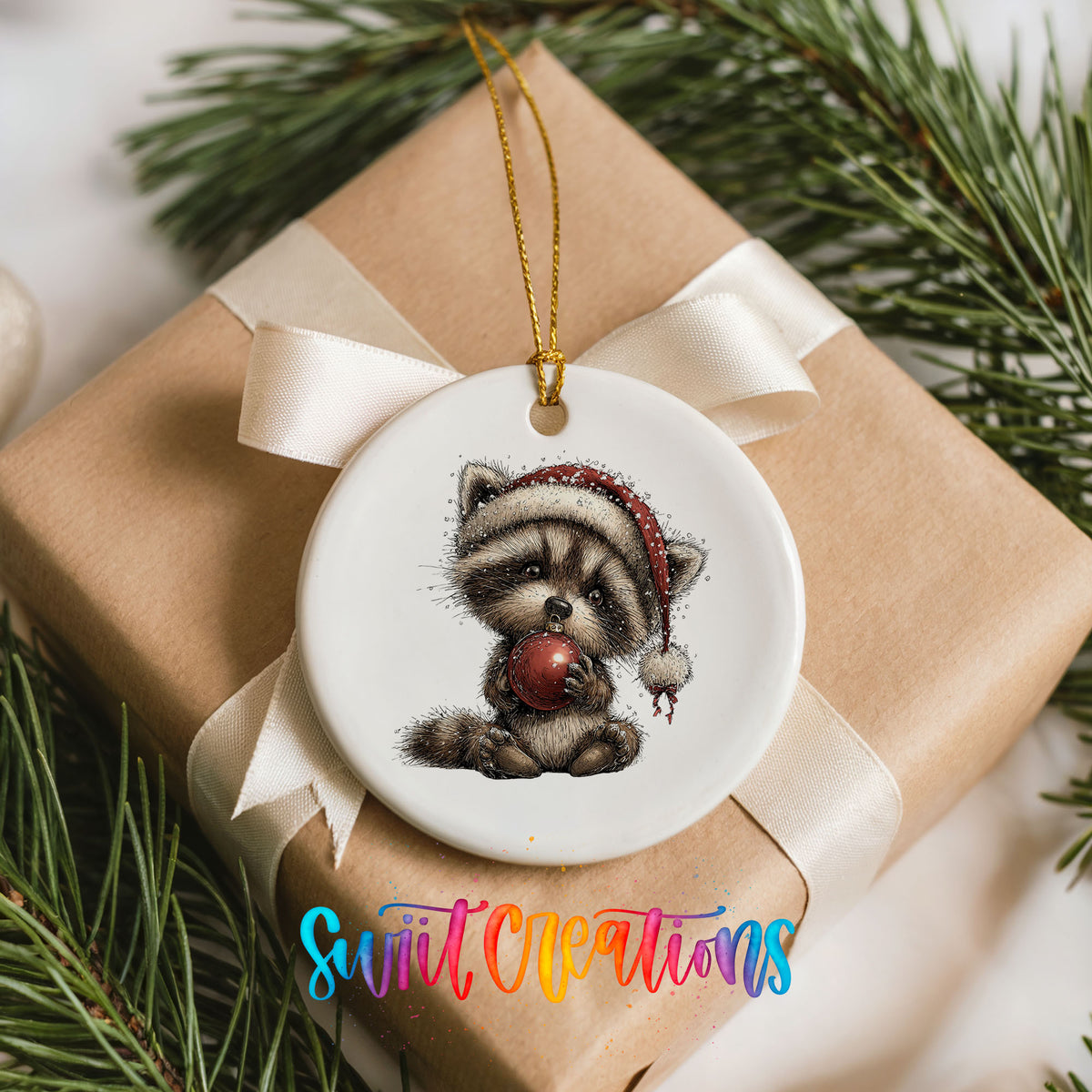 woodland raccoon in a Santa hat holding a red ornament ceramic Christmas ornament displayed on a wrapped Christmas gift
