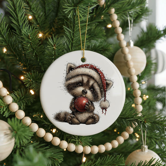 Woodland Raccoon With Red Ornament, ceramic Christmas ornament, front view