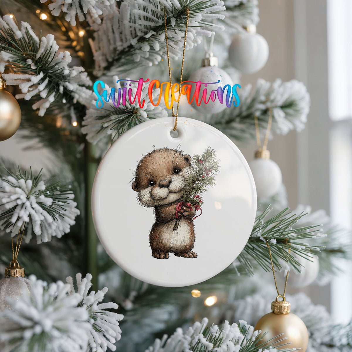 woodland otter holding a snowy pine branch ceramic Christmas ornament hanging on a frosted Christmas tree