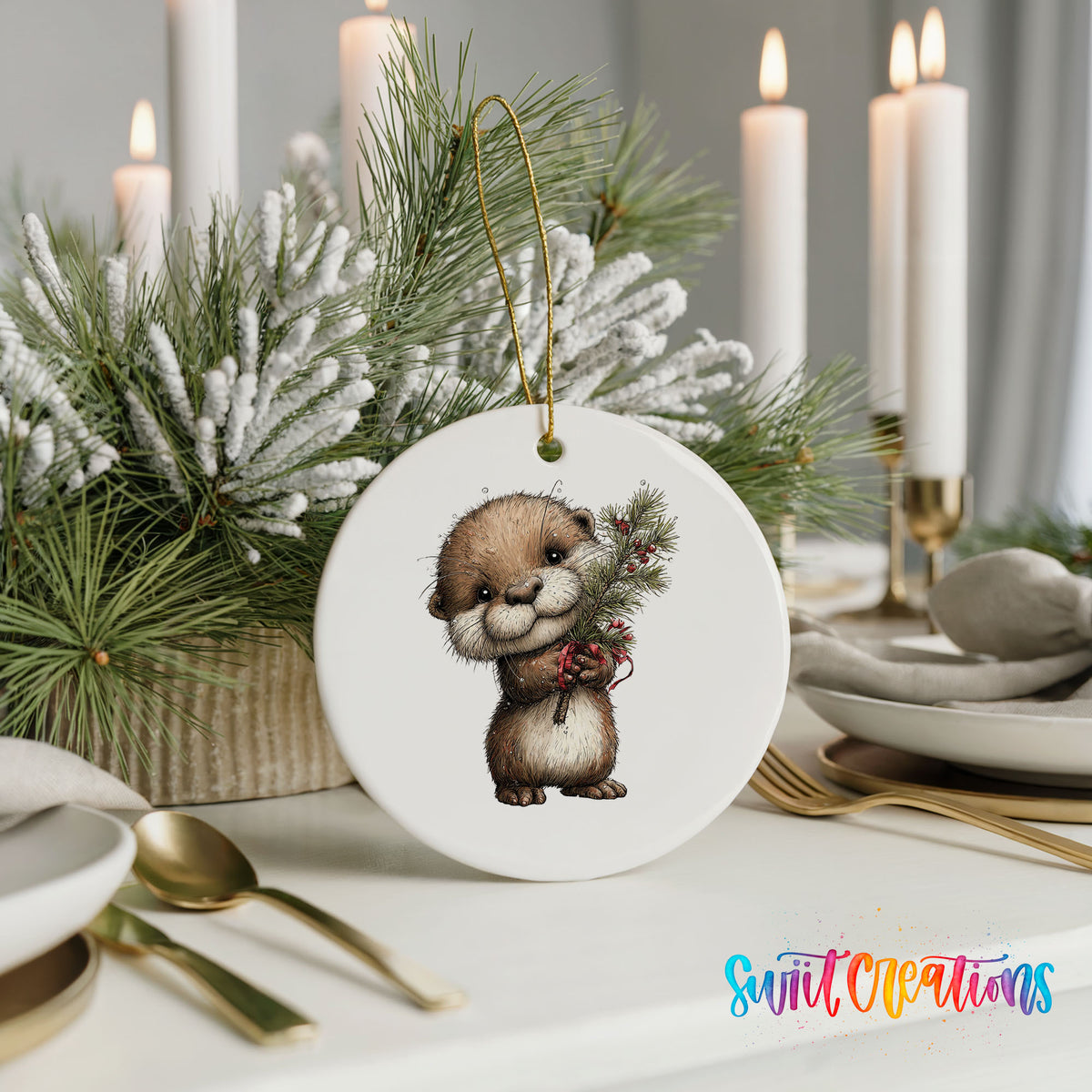 woodland otter holding a snowy pine branch ceramic Christmas ornament shown in a holiday table setting