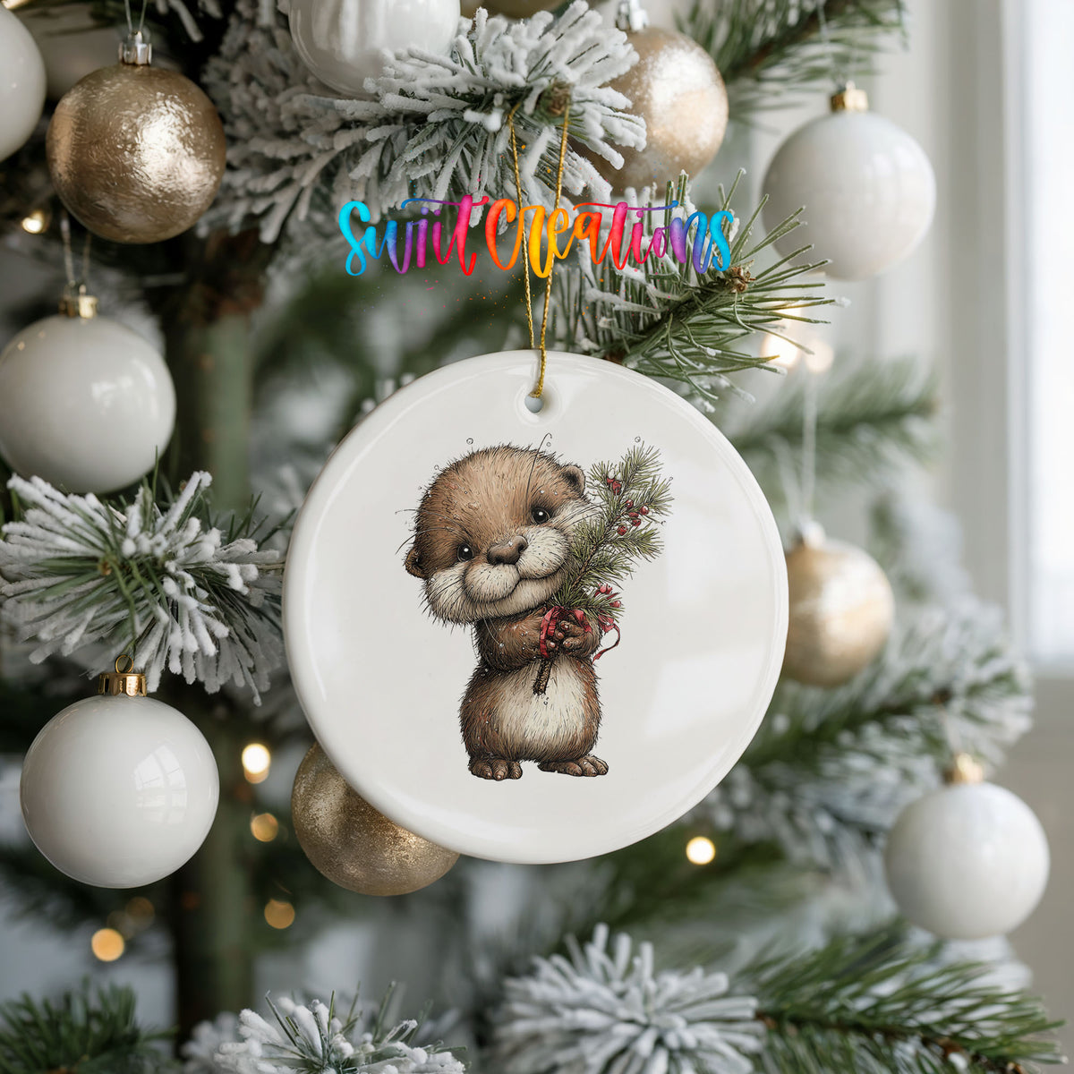 woodland otter holding a snowy pine branch ceramic Christmas ornament hanging on a frosted tree with ornaments