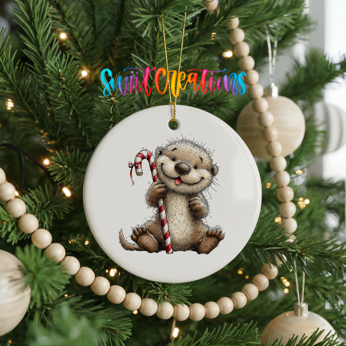 woodland otter holding a striped candy cane ceramic Christmas ornament hanging on a green Christmas tree