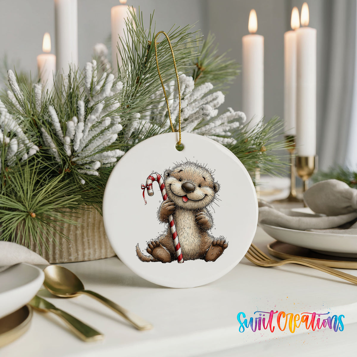 woodland otter holding a striped candy cane ceramic Christmas ornament shown in a holiday table setting
