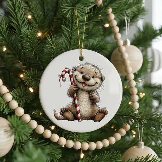 Woodland Otter With Candy Cane ceramic Christmas ornament, front view