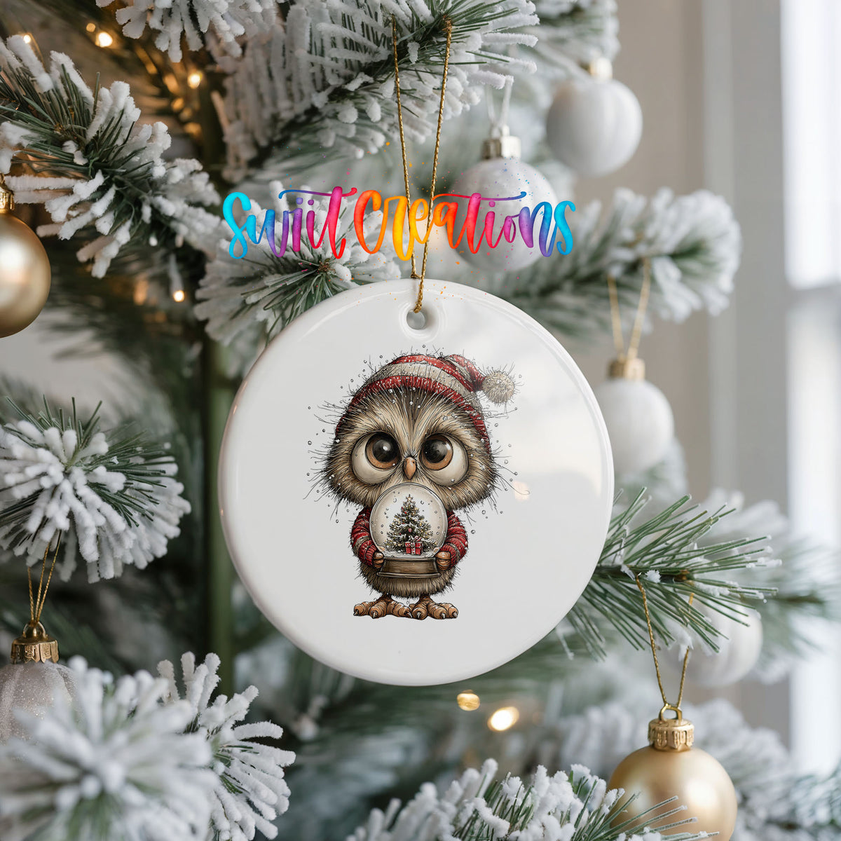 woodland owl in a Santa hat holding a snow globe ceramic Christmas ornament hanging on a frosted Christmas tree