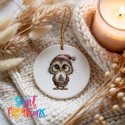 woodland owl in a Santa hat holding a snow globe ceramic Christmas ornament styled on a cozy knit blanket