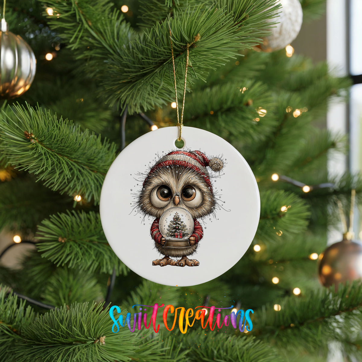 woodland owl in a Santa hat holding a snow globe ceramic Christmas ornament hanging on a lit Christmas tree