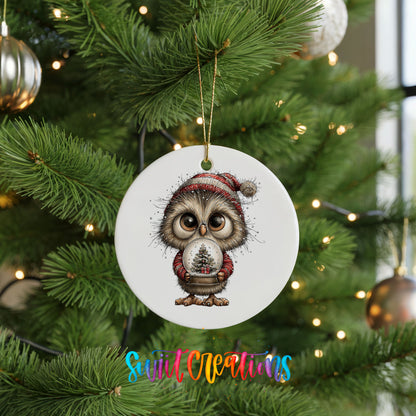 woodland owl in a Santa hat holding a snow globe ceramic Christmas ornament hanging on a lit Christmas tree