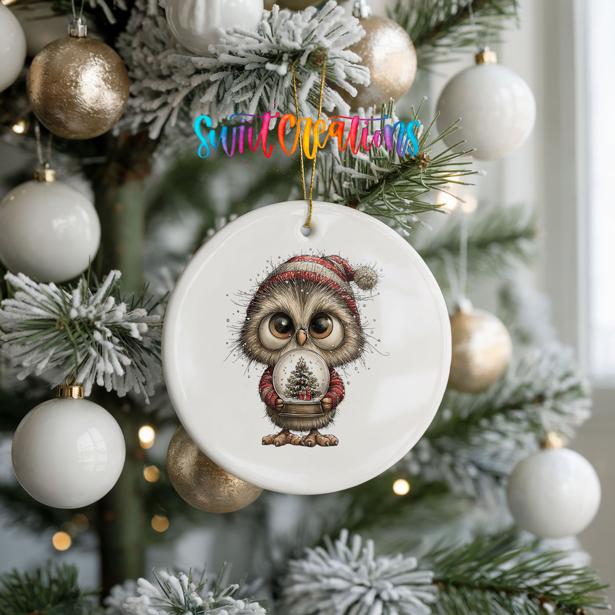 woodland owl in a Santa hat holding a snow globe ceramic Christmas ornament hanging on a frosted tree with ornaments