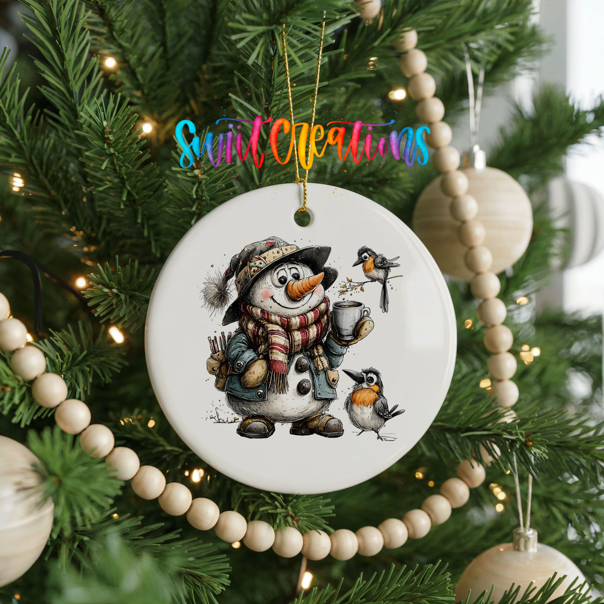 snowman with winter birds and a warm mug ceramic Christmas ornament hanging on a green Christmas tree