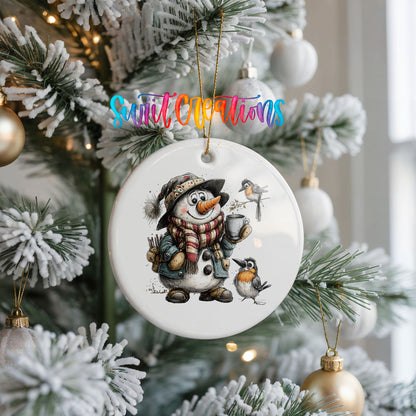 snowman with winter birds and a warm mug ceramic Christmas ornament hanging on a frosted Christmas tree