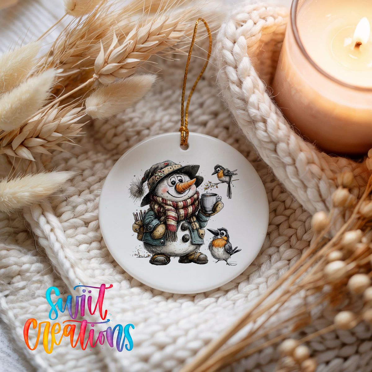 snowman with winter birds and a warm mug ceramic Christmas ornament styled on a cozy knit blanket
