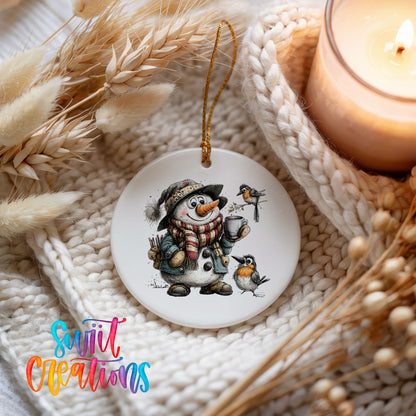 snowman with winter birds and a warm mug ceramic Christmas ornament styled on a cozy knit blanket