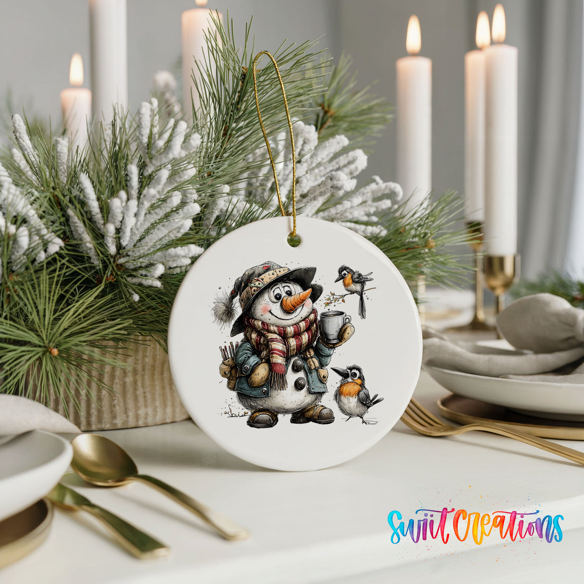 snowman with winter birds and a warm mug ceramic Christmas ornament shown in a holiday table setting