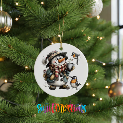 snowman with winter birds and a warm mug ceramic Christmas ornament hanging on a lit Christmas tree