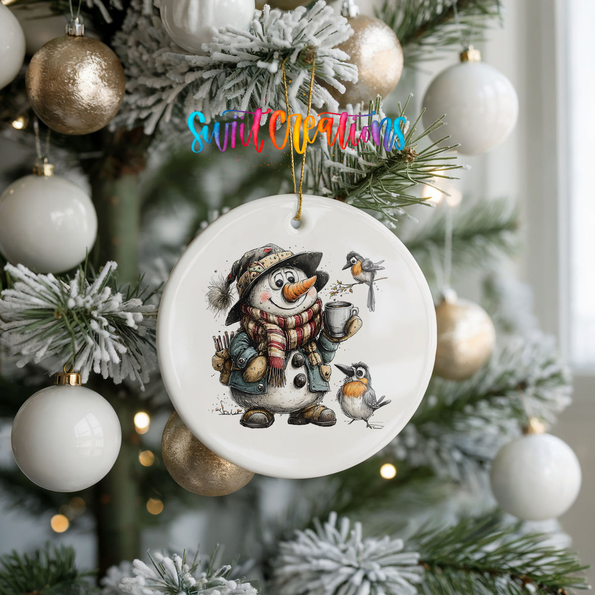 snowman with winter birds and a warm mug ceramic Christmas ornament hanging on a frosted tree with ornaments