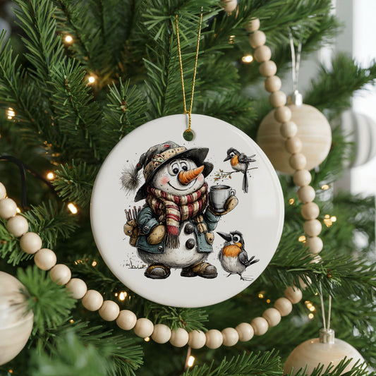 Snowman With Winter Birds And Mug ceramic Christmas ornament, front view