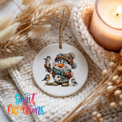 snowman in a striped winter hat surrounded by birds ceramic Christmas ornament styled on a cozy knit blanket