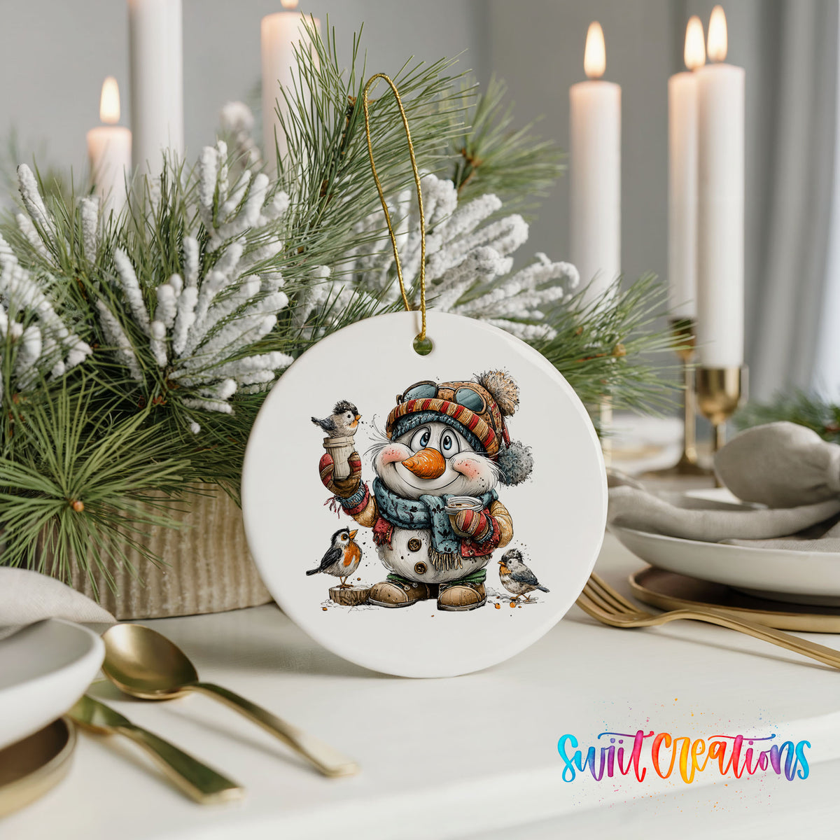 snowman in a striped winter hat surrounded by birds ceramic Christmas ornament shown in a holiday table setting
