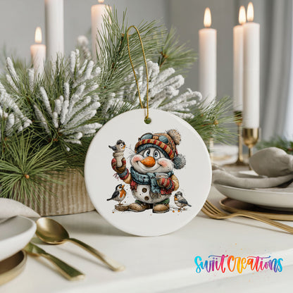 snowman in a striped winter hat surrounded by birds ceramic Christmas ornament shown in a holiday table setting