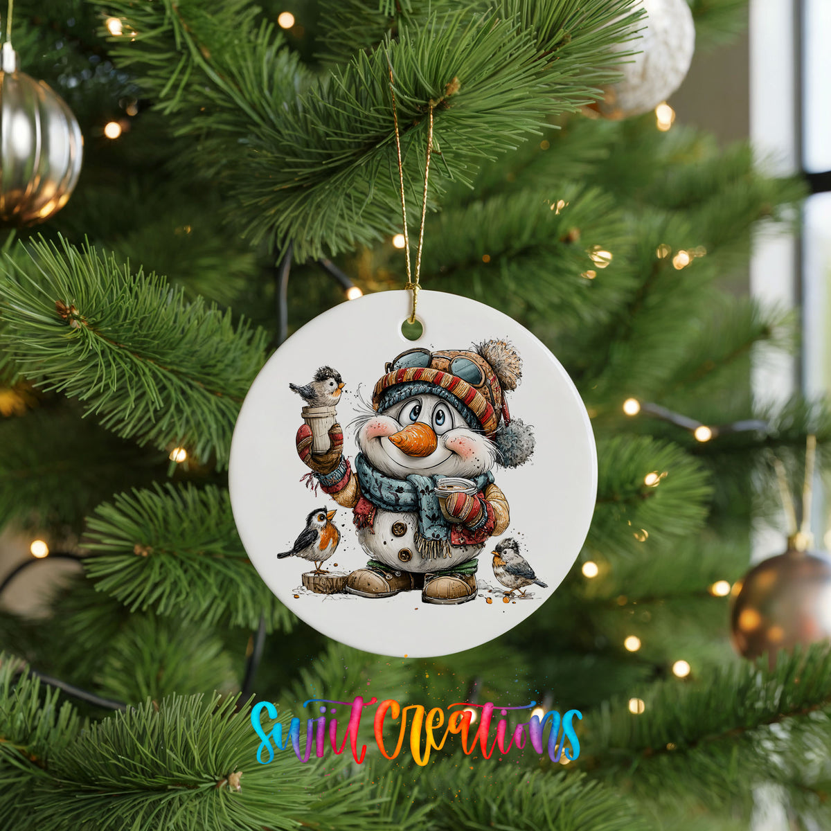 snowman in a striped winter hat surrounded by birds ceramic Christmas ornament hanging on a lit Christmas tree