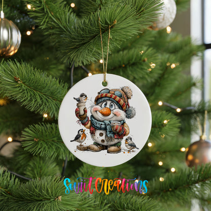 snowman in a striped winter hat surrounded by birds ceramic Christmas ornament hanging on a lit Christmas tree