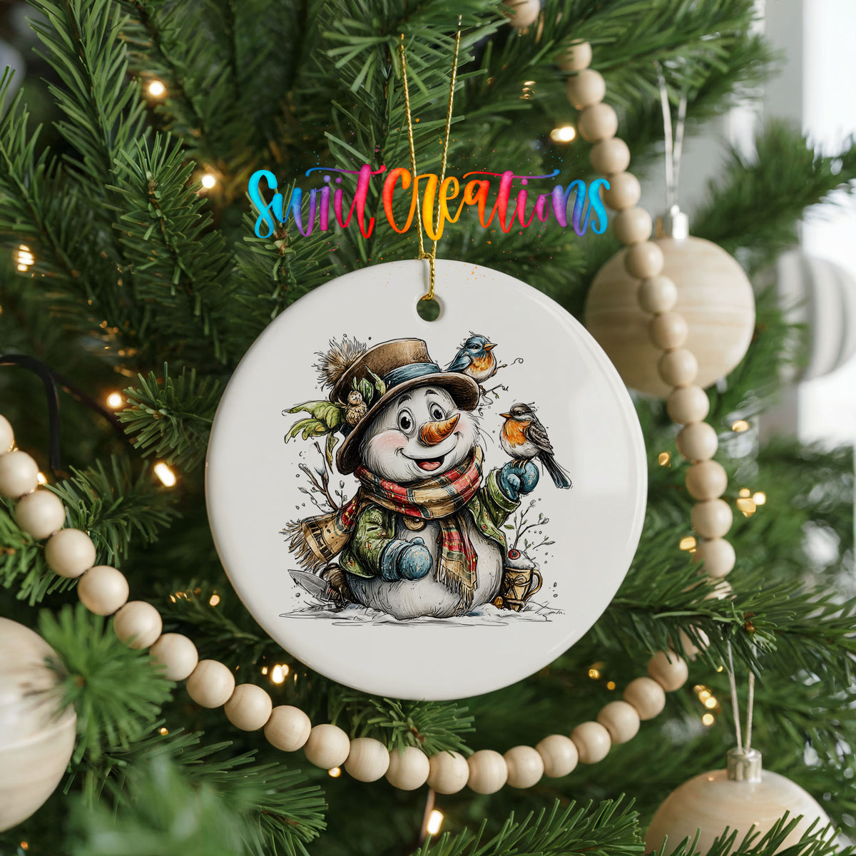 snowman in a brown hat with winter birds ceramic Christmas ornament hanging on a green Christmas tree