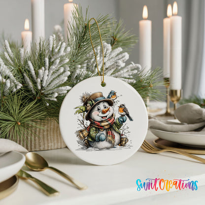 snowman in a brown hat with winter birds ceramic Christmas ornament shown in a holiday table setting