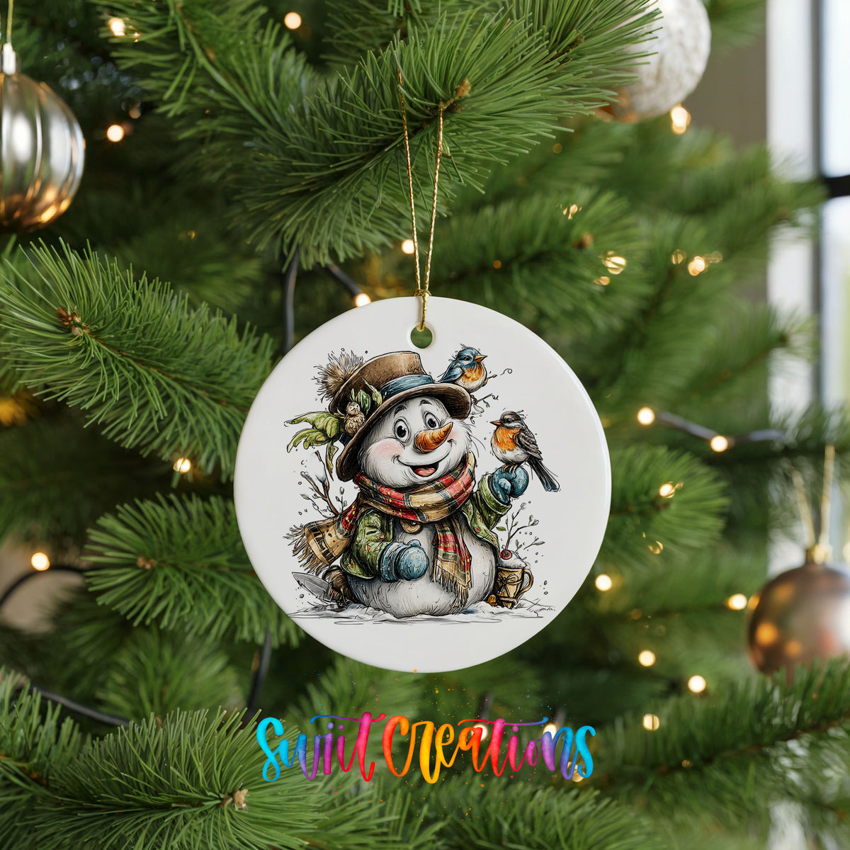snowman in a brown hat with winter birds ceramic Christmas ornament hanging on a lit Christmas tree