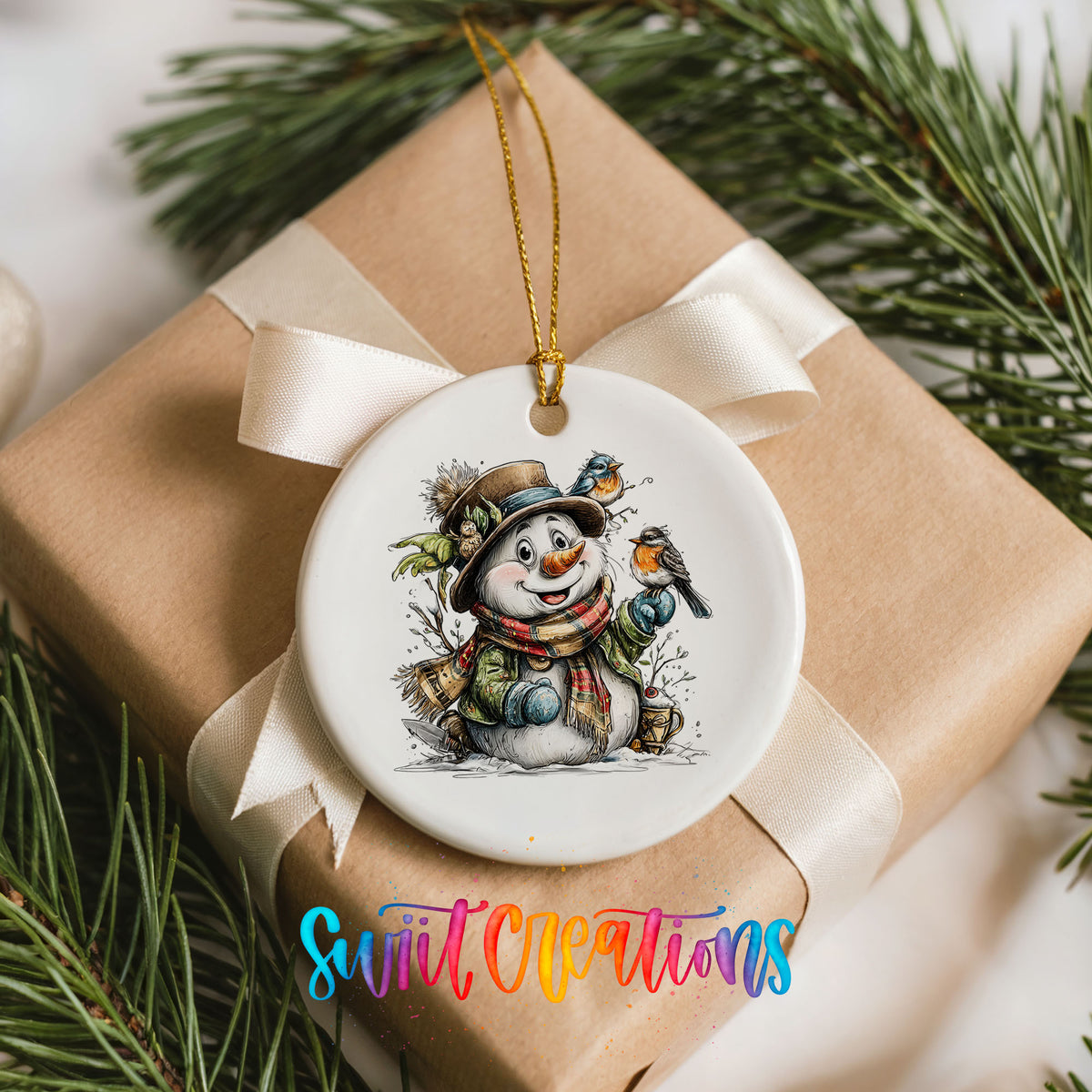 snowman in a brown hat with winter birds ceramic Christmas ornament displayed on a wrapped Christmas gift