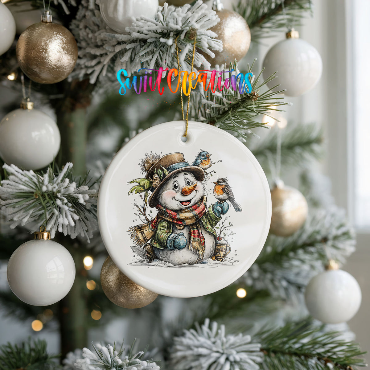 snowman in a brown hat with winter birds ceramic Christmas ornament hanging on a frosted tree with ornaments
