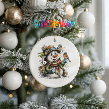 snowman in a brown hat with winter birds ceramic Christmas ornament hanging on a frosted tree with ornaments