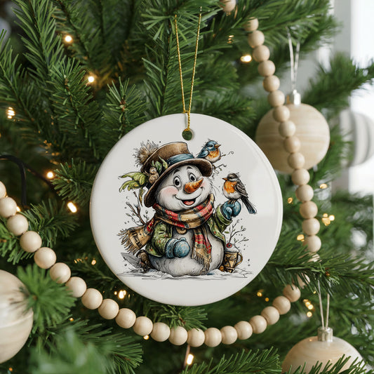 Snowman With Winter Birds ceramic Christmas ornament, front view