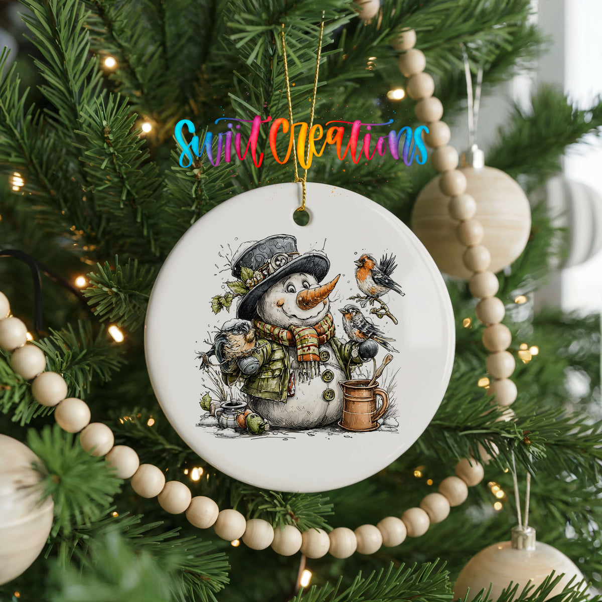 snowman beside a potted evergreen with birds ceramic Christmas ornament hanging on a green Christmas tree