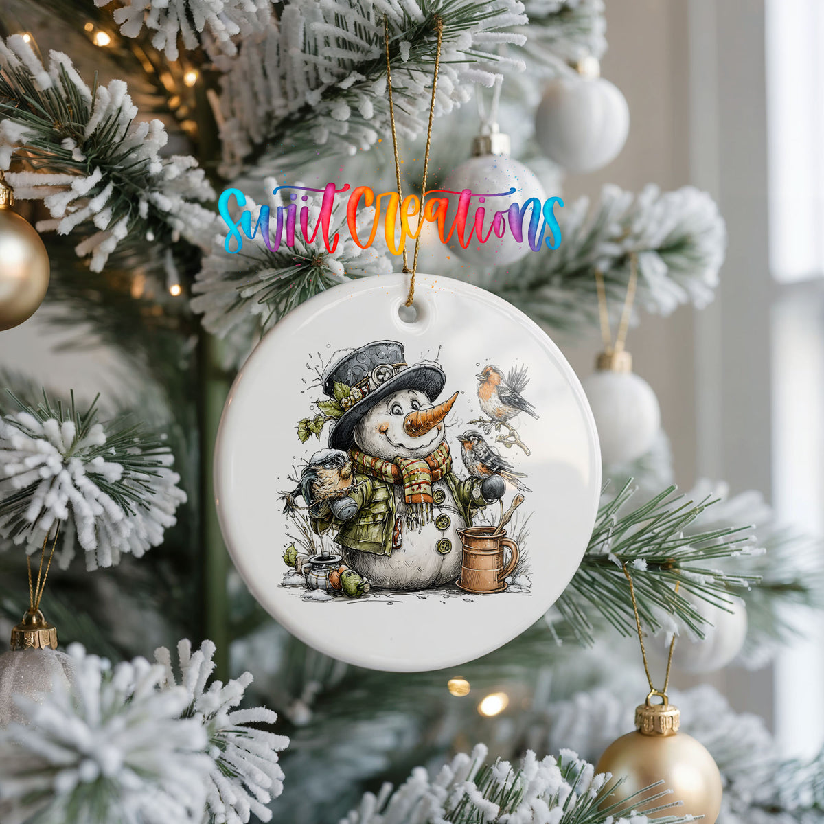 snowman beside a potted evergreen with birds ceramic Christmas ornament hanging on a frosted Christmas tree