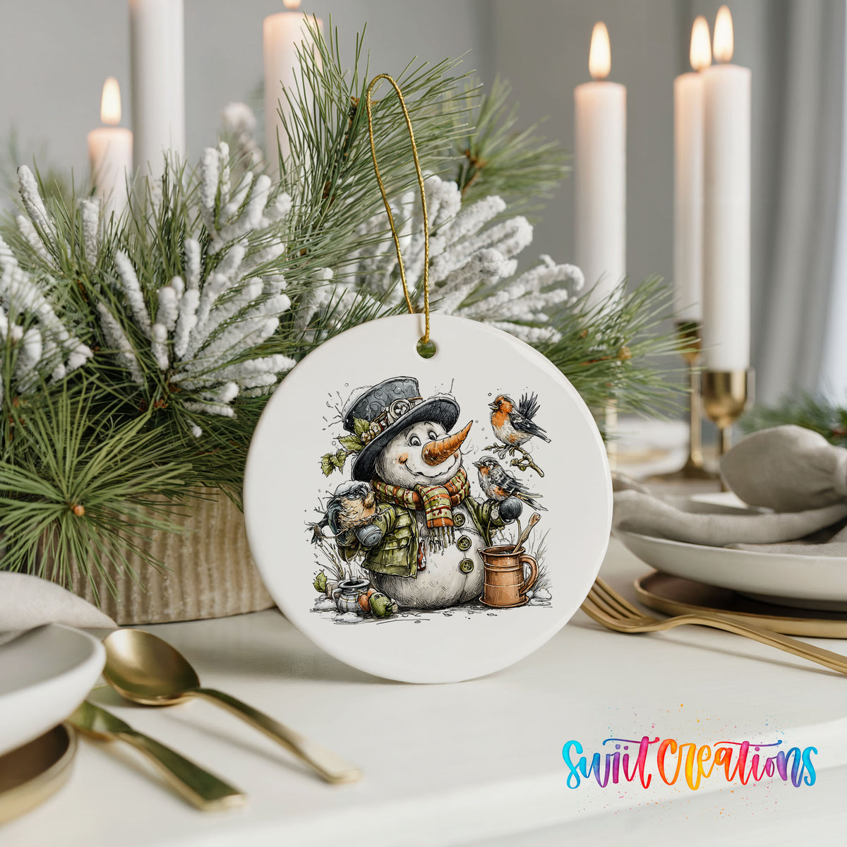 snowman beside a potted evergreen with birds ceramic Christmas ornament shown in a holiday table setting