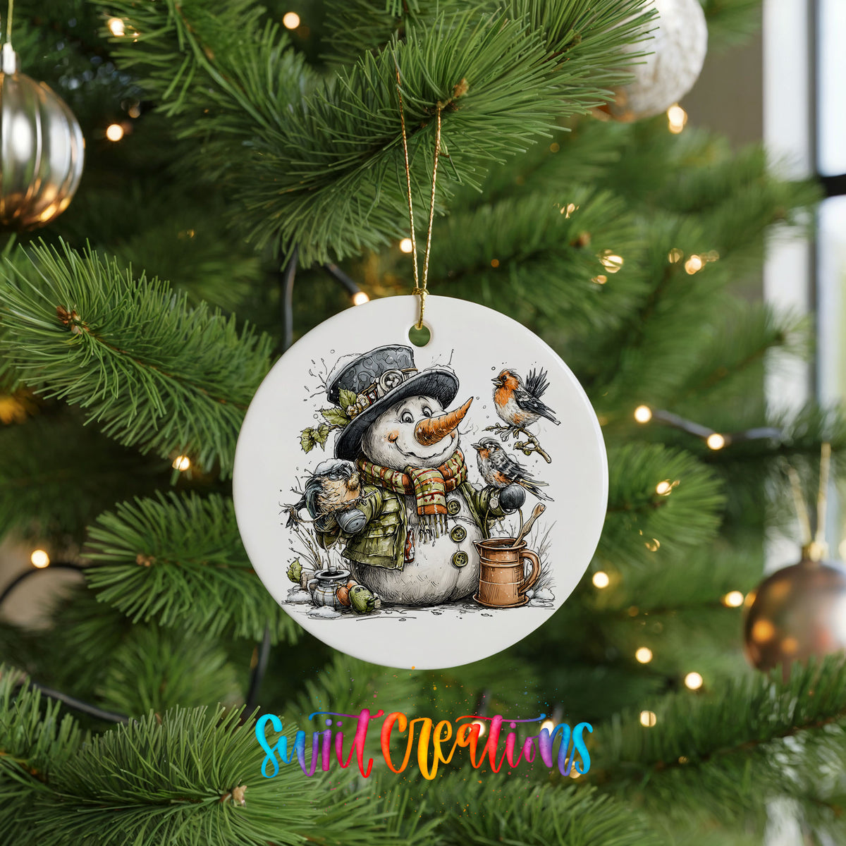 snowman beside a potted evergreen with birds ceramic Christmas ornament hanging on a lit Christmas tree